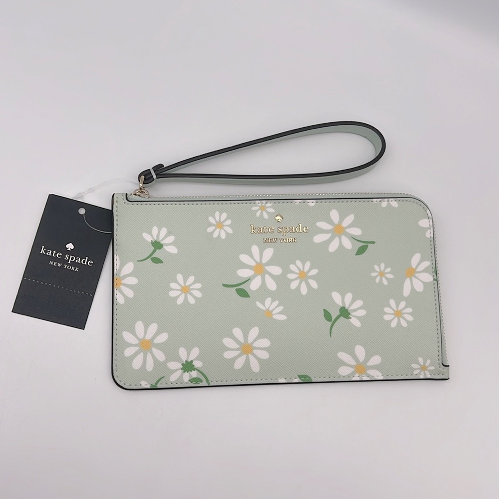 Kate Spade Lucy Day Tripper Daisy Medium L-Zip Wristlet Green White
